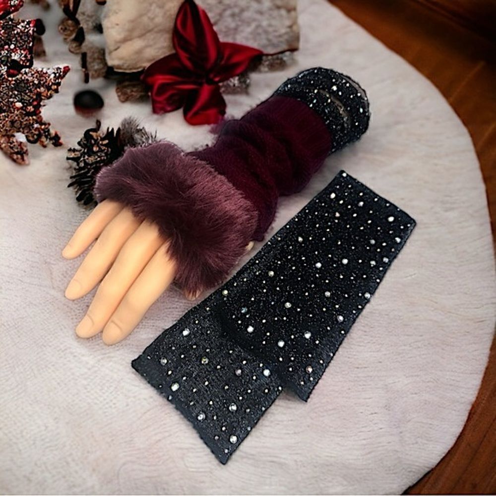 SXY l Custom Set l Elegant Black Arm Sleeves Shimmery & Sheer, Burgundy Gloves